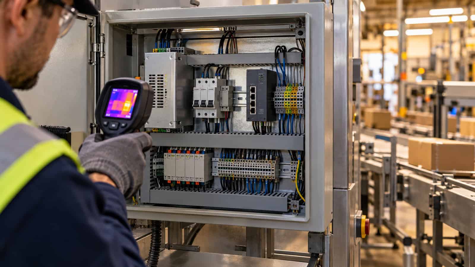 Technician scans heat in a DIN-rail control cabinet beside a packaging line.
