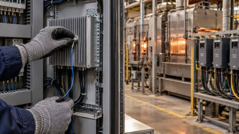 Gloved technician places a wired temperature probe on a fanless gateway near hot industrial process equipment.