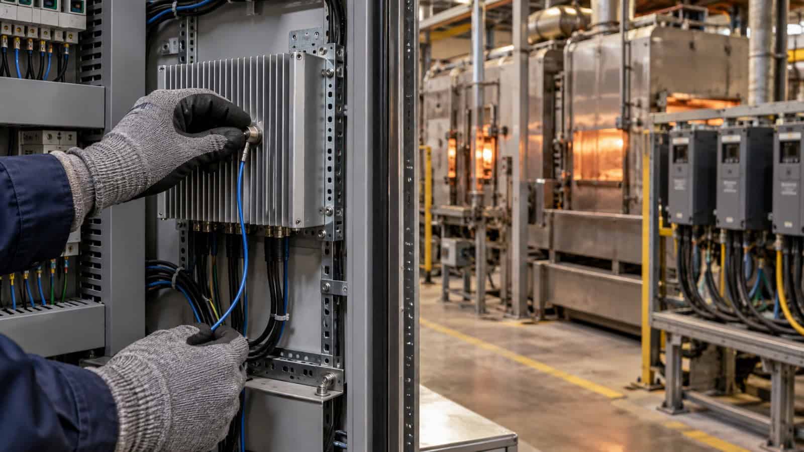 Gloved technician places a wired temperature probe on a fanless gateway near hot industrial process equipment.