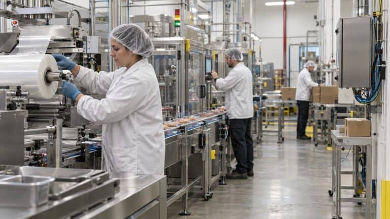 Three food-production operators work across connected packaging stations during a line changeover.