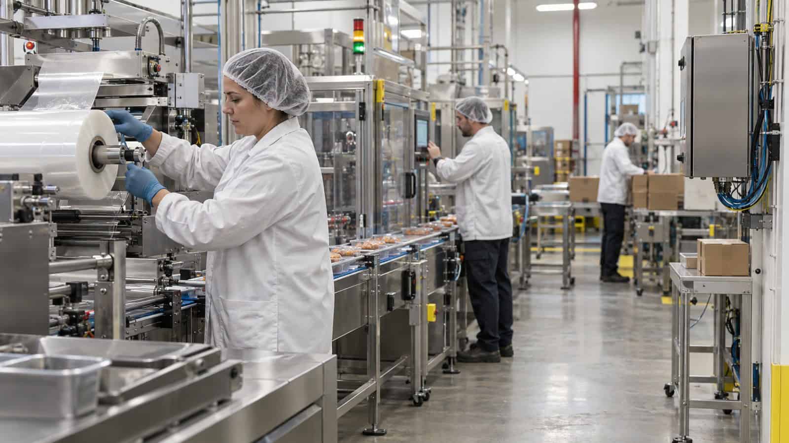 Three food-production operators work across connected packaging stations during a line changeover.
