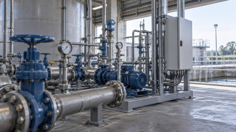 Instrumented wastewater pump skid combines valves, gauges, motors, pipework and a connected control enclosure.
