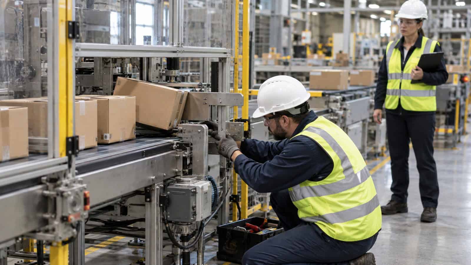 Maintenance technician and line supervisor inspect a small jam on a stopped packaging conveyor.