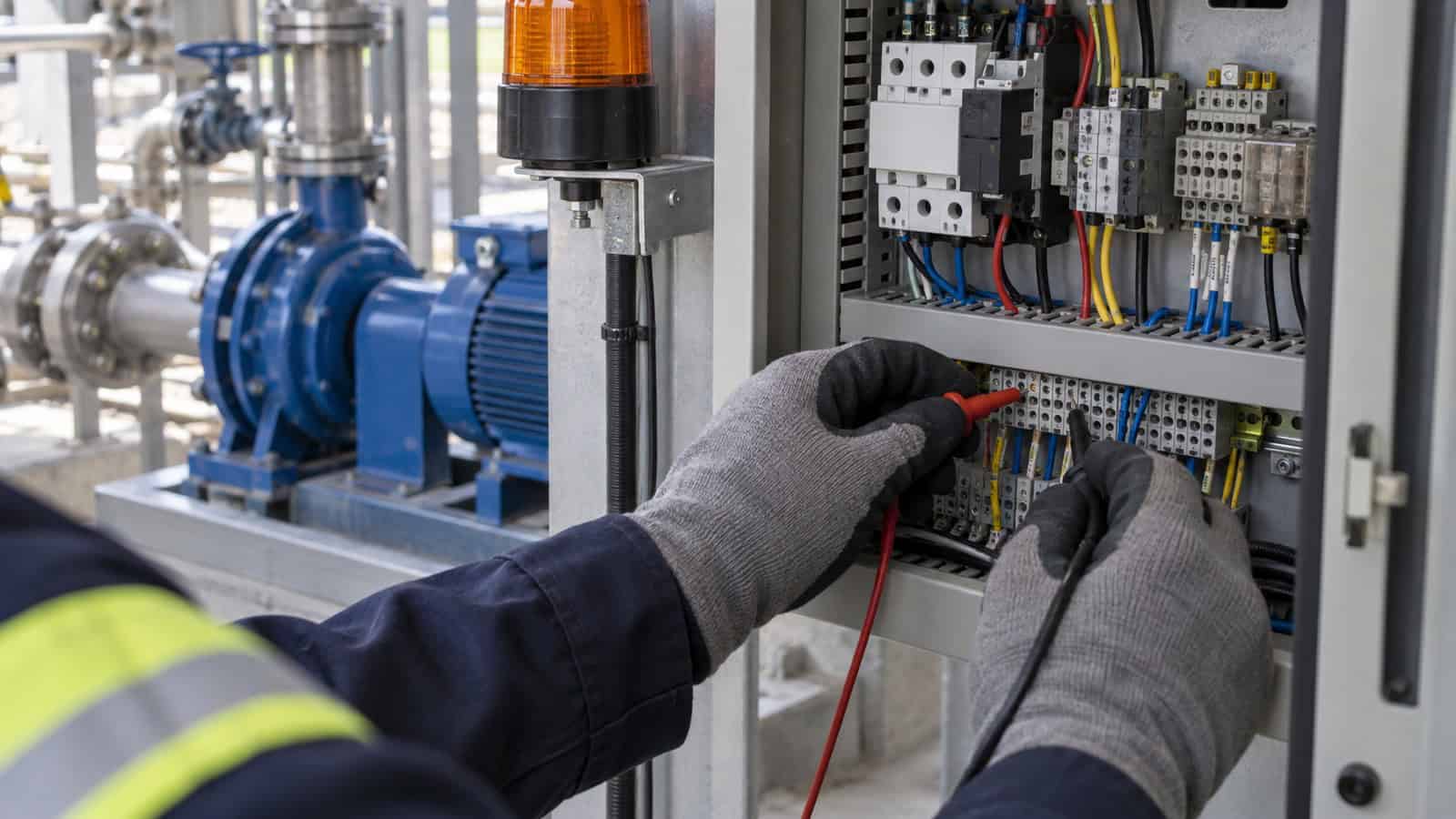 Gloved hands test a discrete alarm circuit at terminal blocks beside a pump and local beacon.