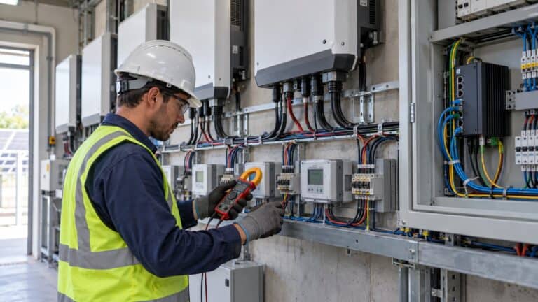 Engineer tests RS485-connected meters and inverters in a solar equipment room.