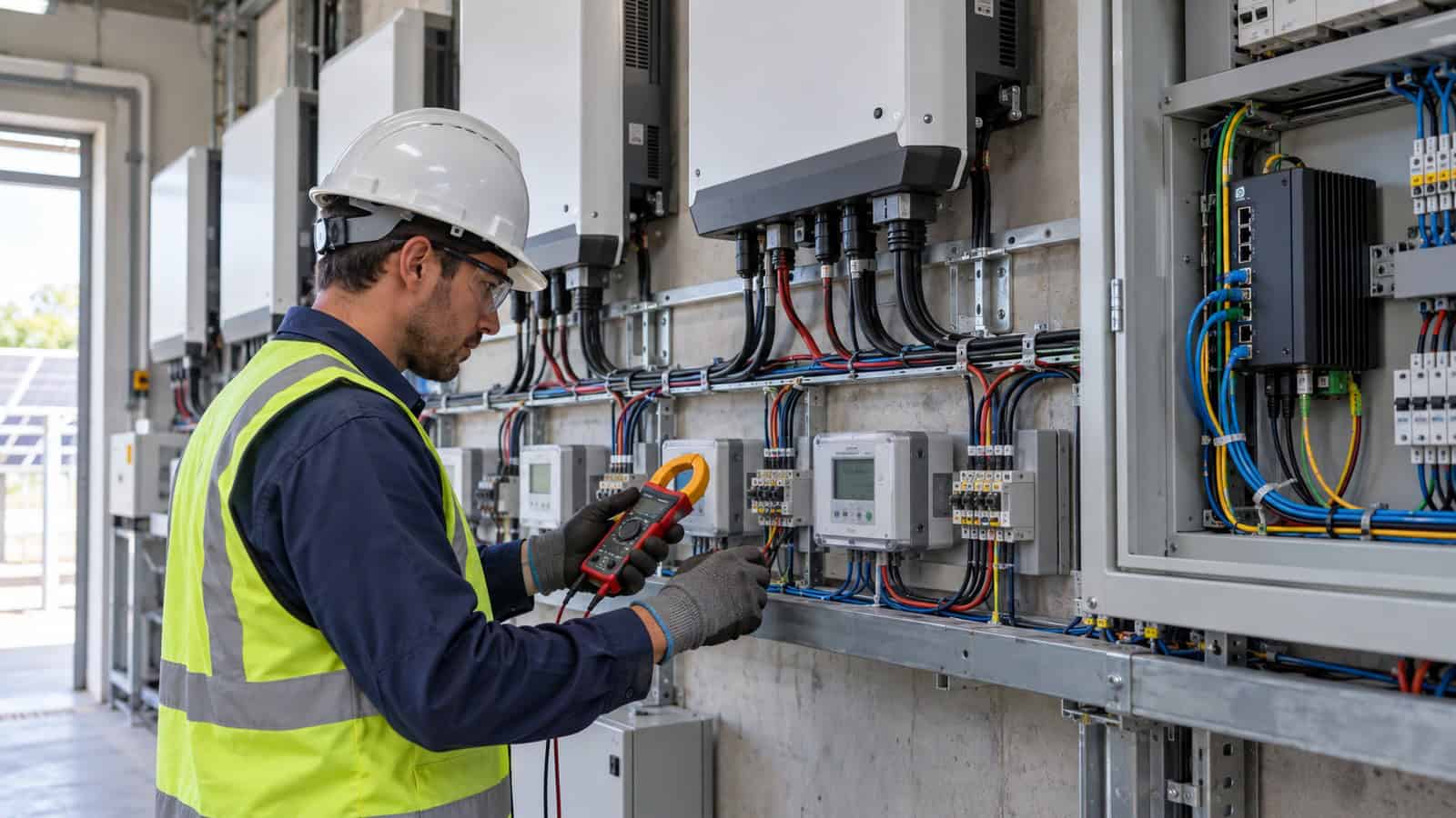 Engineer tests RS485-connected meters and inverters in a solar equipment room.