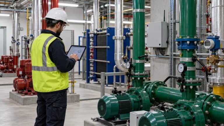 Facilities engineer reviews building energy data among pumps and heat exchangers.