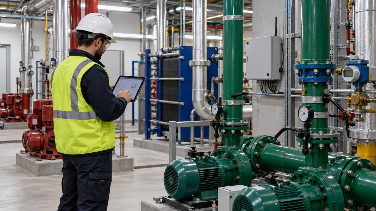 Facilities engineer reviews building energy data among pumps and heat exchangers.