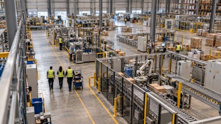 Maintenance team walks through a warehouse with multiple edge-connected machine cells.