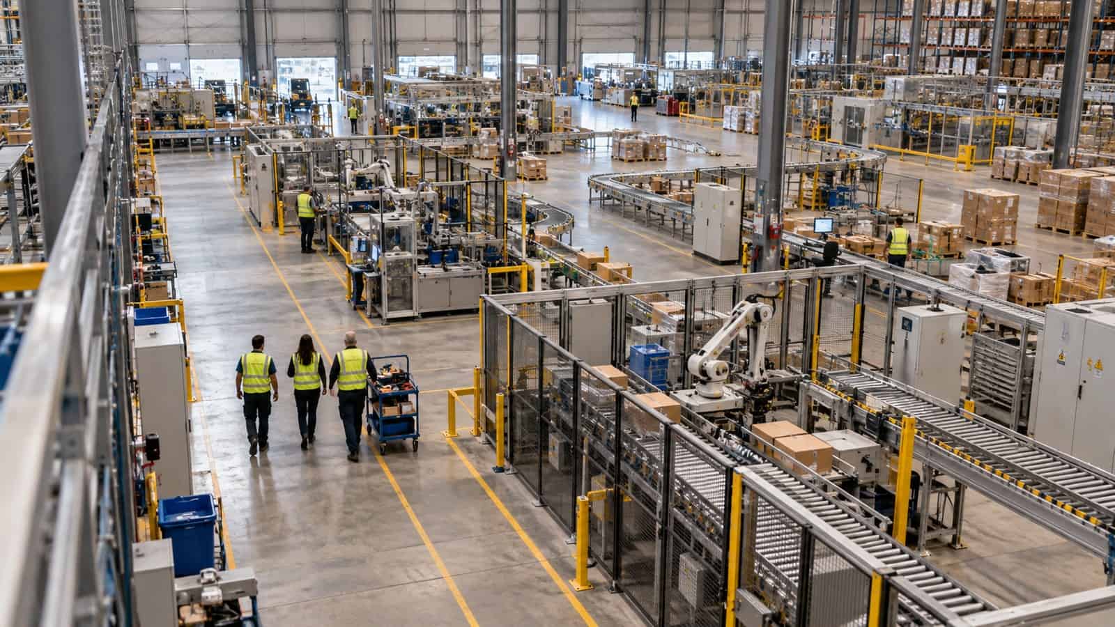 Maintenance team walks through a warehouse with multiple edge-connected machine cells.