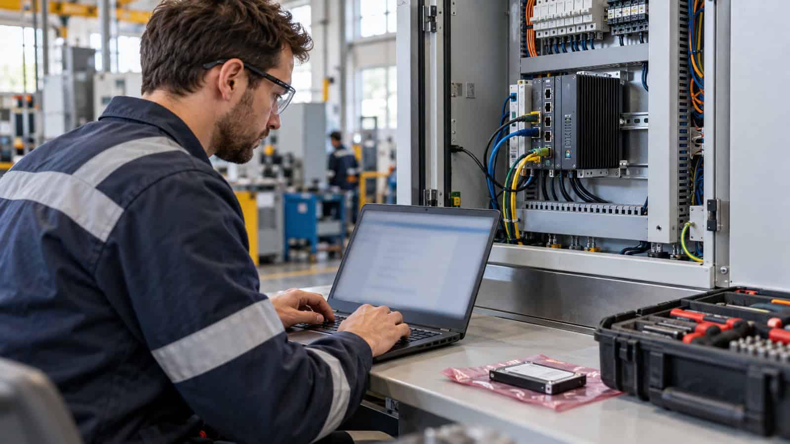 Engineer performs planned edge gateway patch maintenance with a service laptop.