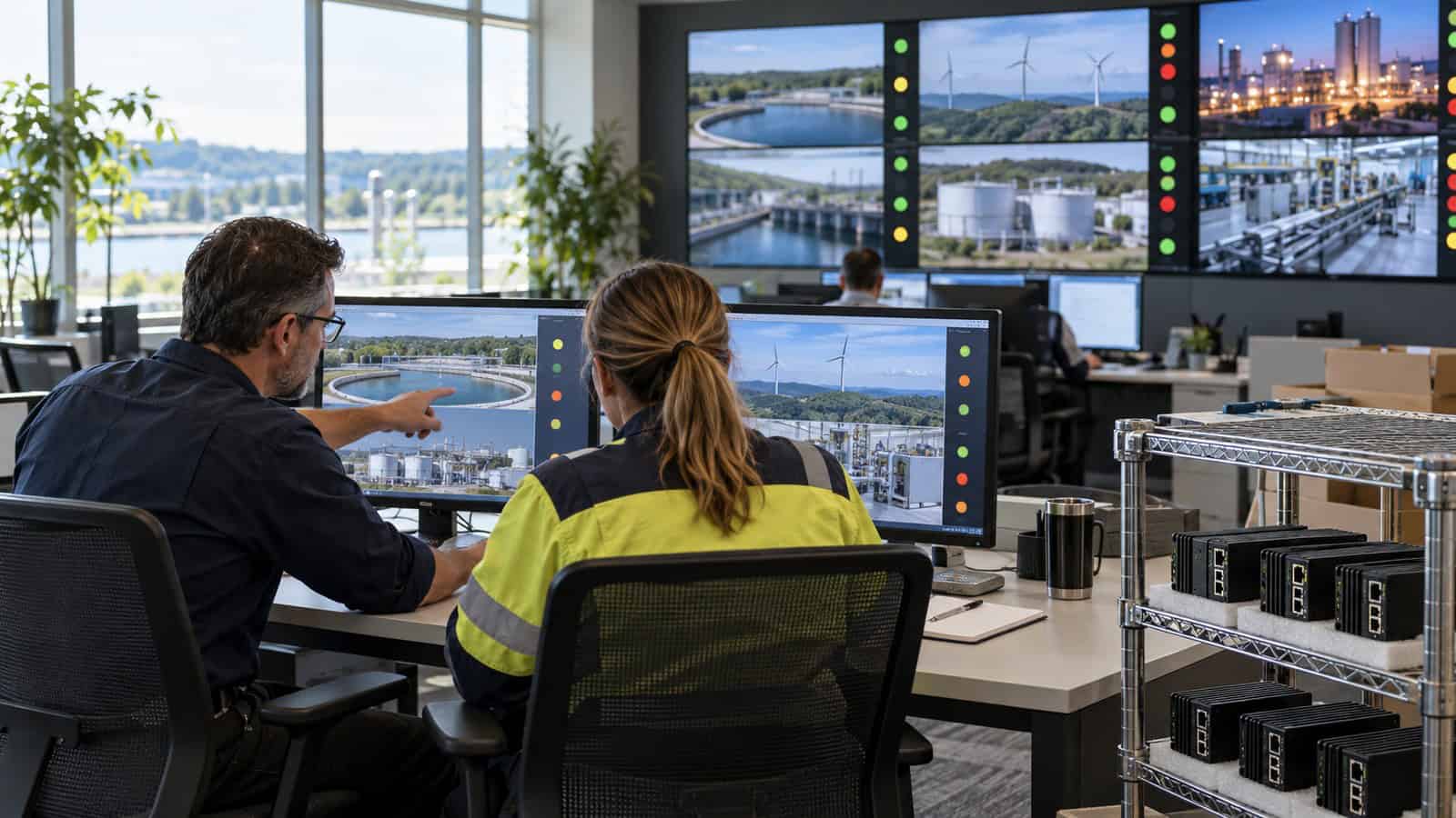 Operators supervise a remote industrial edge gateway fleet from a daylight control room.