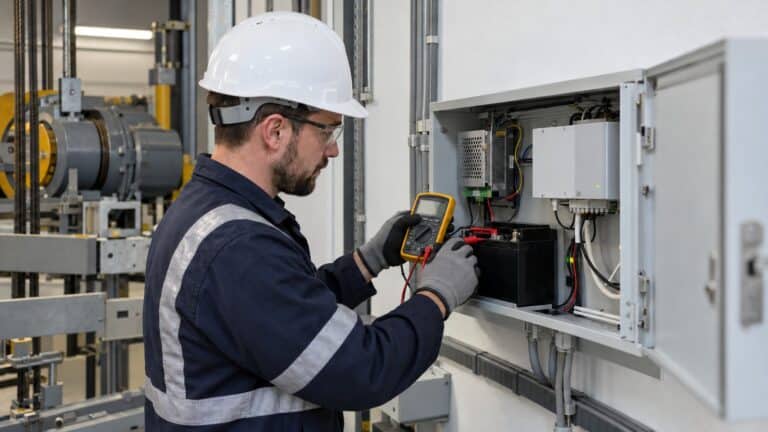 Lift technician checks backup battery voltage inside a machine-room gateway cabinet.