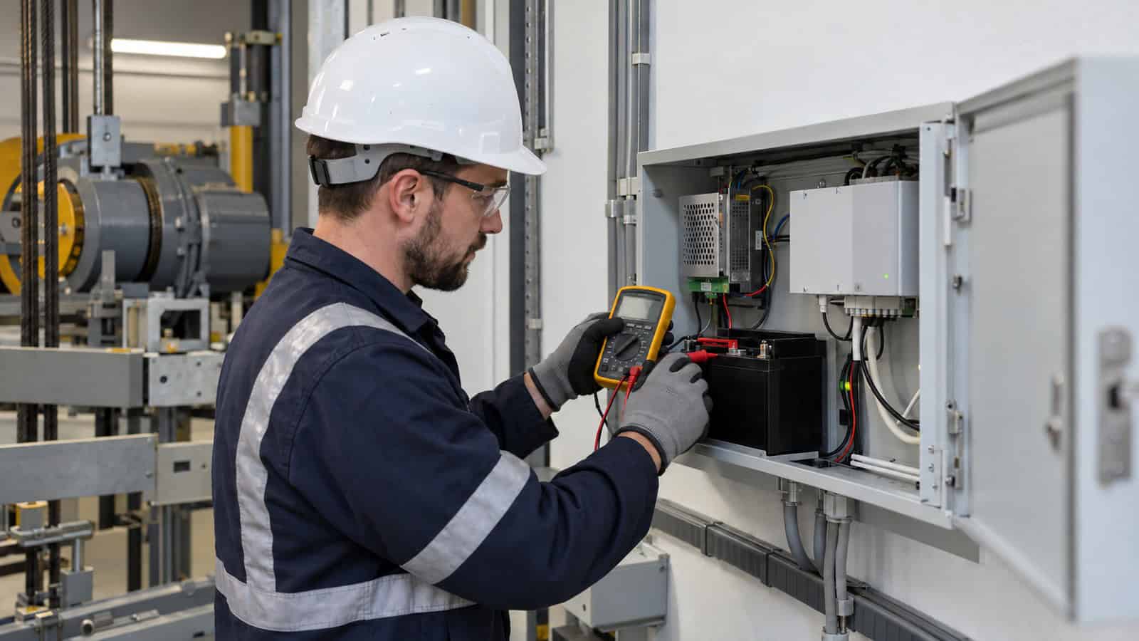 Lift technician checks backup battery voltage inside a machine-room gateway cabinet.