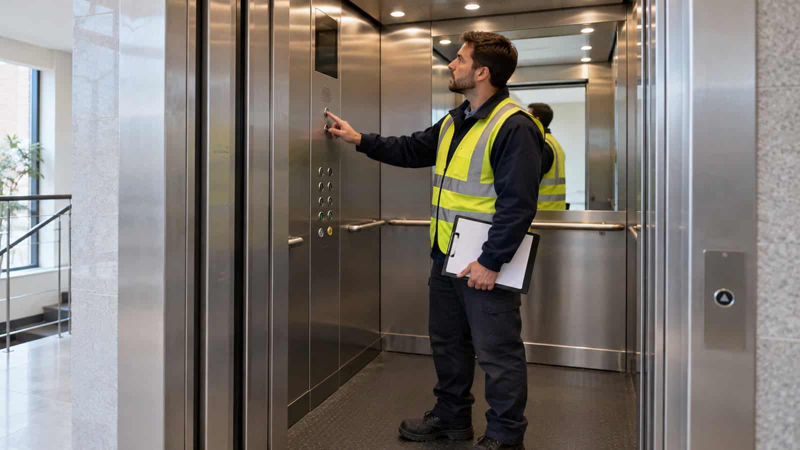 Lift technician conducts an emergency-call test from inside a passenger lift car.