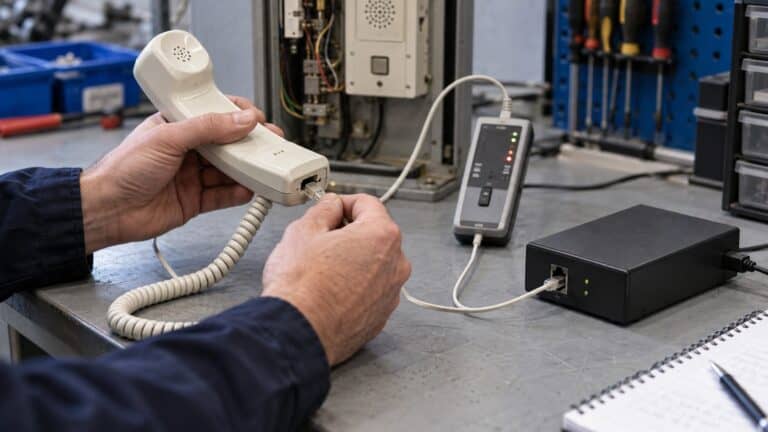 Technician connects an analogue lift handset to a cellular FXS gateway on a test bench.