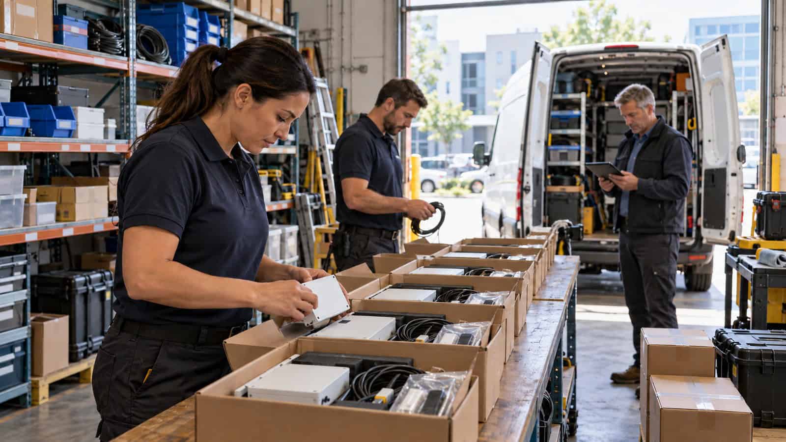 Lift service team stages cellular gateway kits for multiple sites beside a service van.