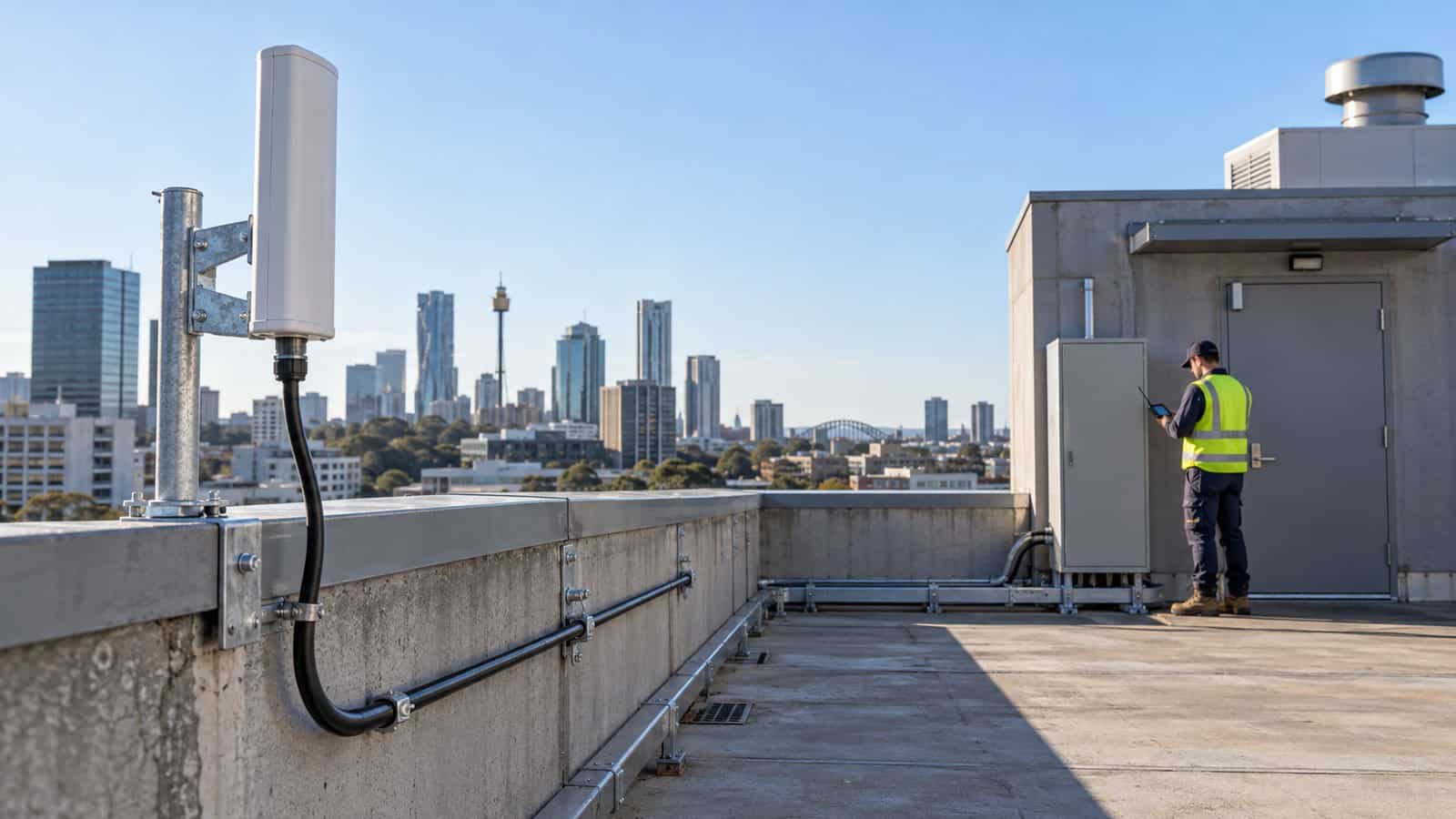Rooftop cellular antenna and lift technician checking signal beside a machine room.