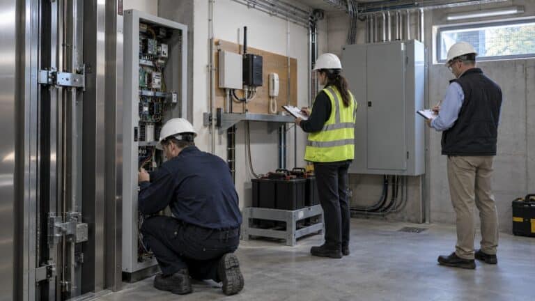 Lift project team audits a controller, voice gateway area and backup battery inside a building service room.