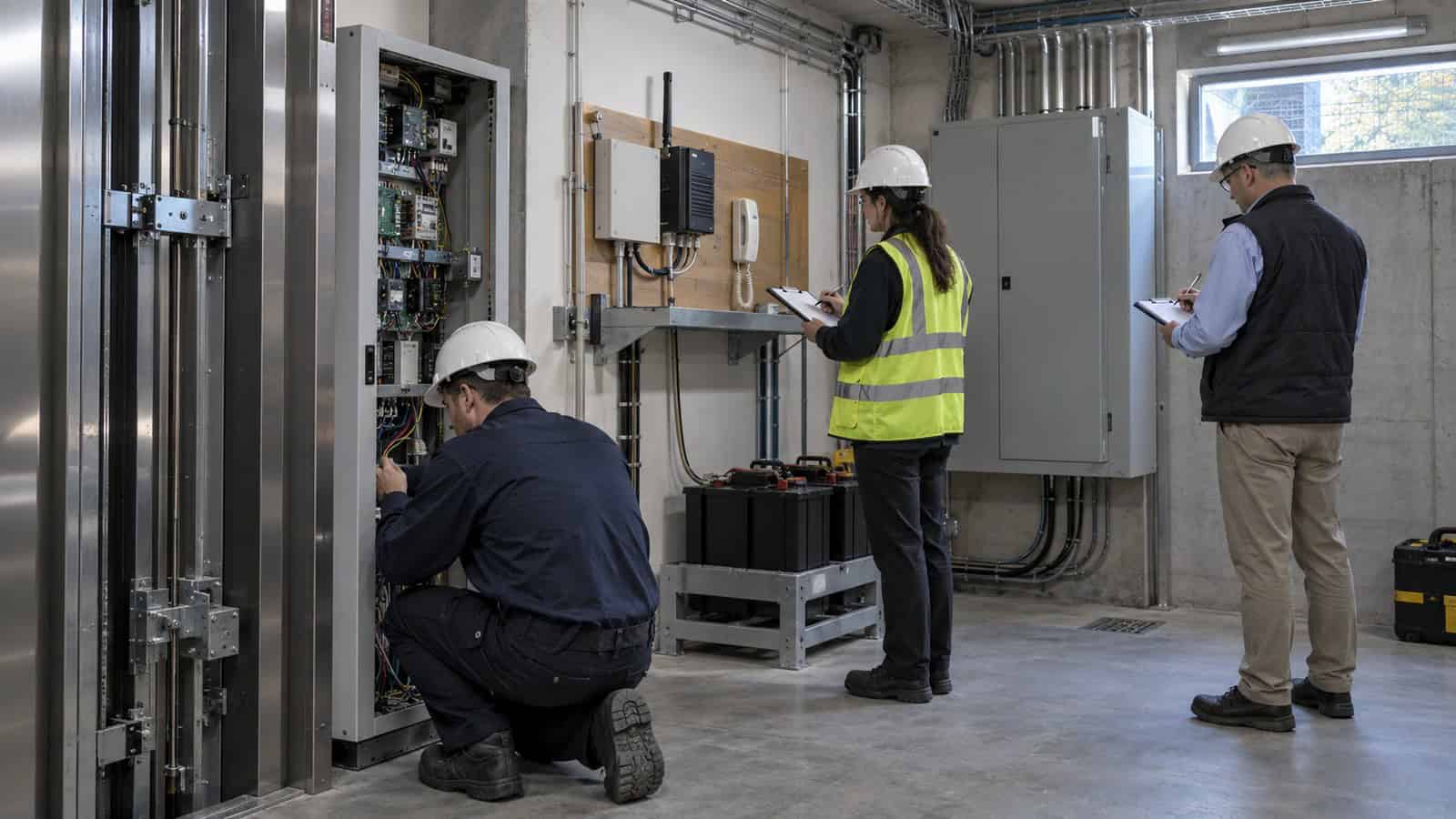 Lift project team audits a controller, voice gateway area and backup battery inside a building service room.