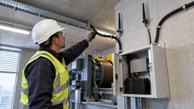Lift technician traces separated antenna cable routes above a battery-backed emergency voice enclosure.