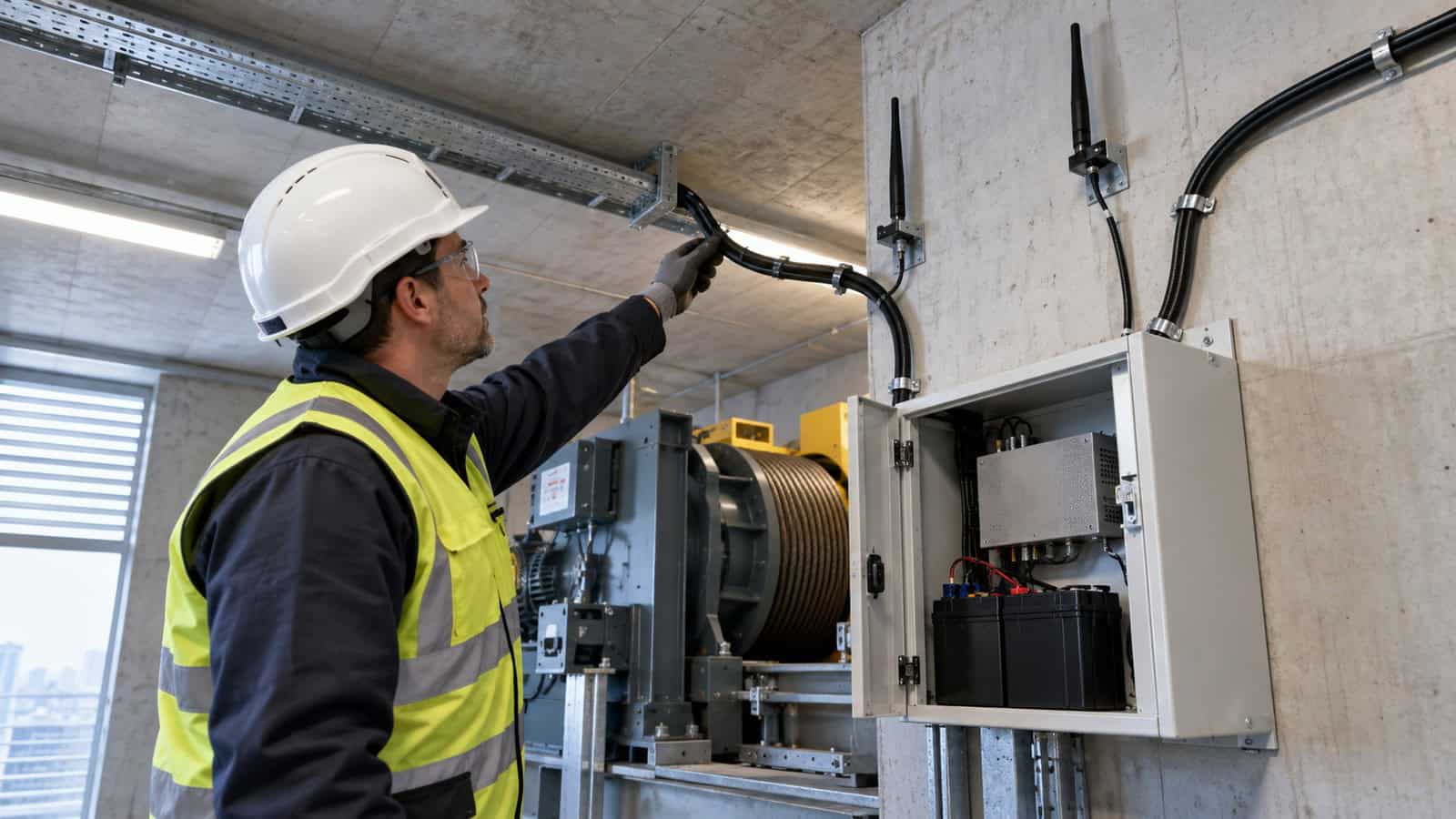 Lift technician traces separated antenna cable routes above a battery-backed emergency voice enclosure.
