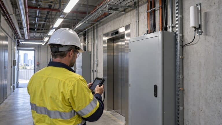Technician surveys cellular service beside a closed lift communications cabinet in an Australian commercial tower.