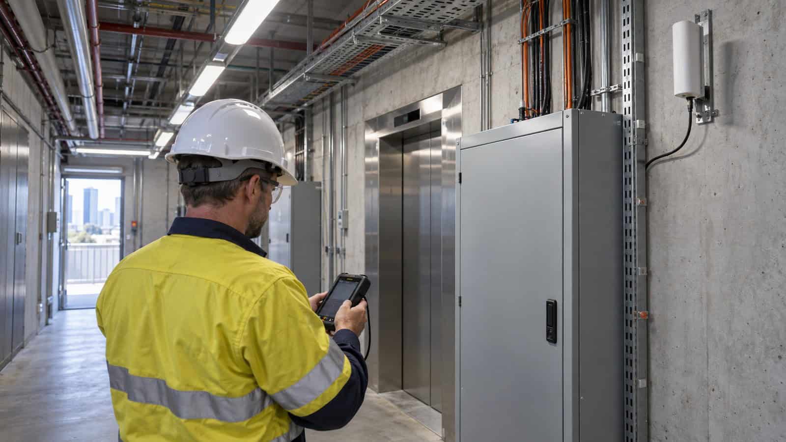 Technician surveys cellular service beside a closed lift communications cabinet in an Australian commercial tower.