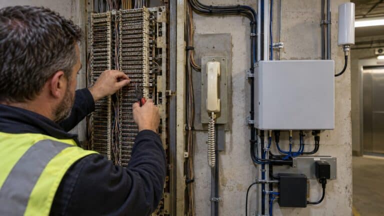 Technician moves a copper jumper between a legacy termination frame and a new lift voice gateway installation.