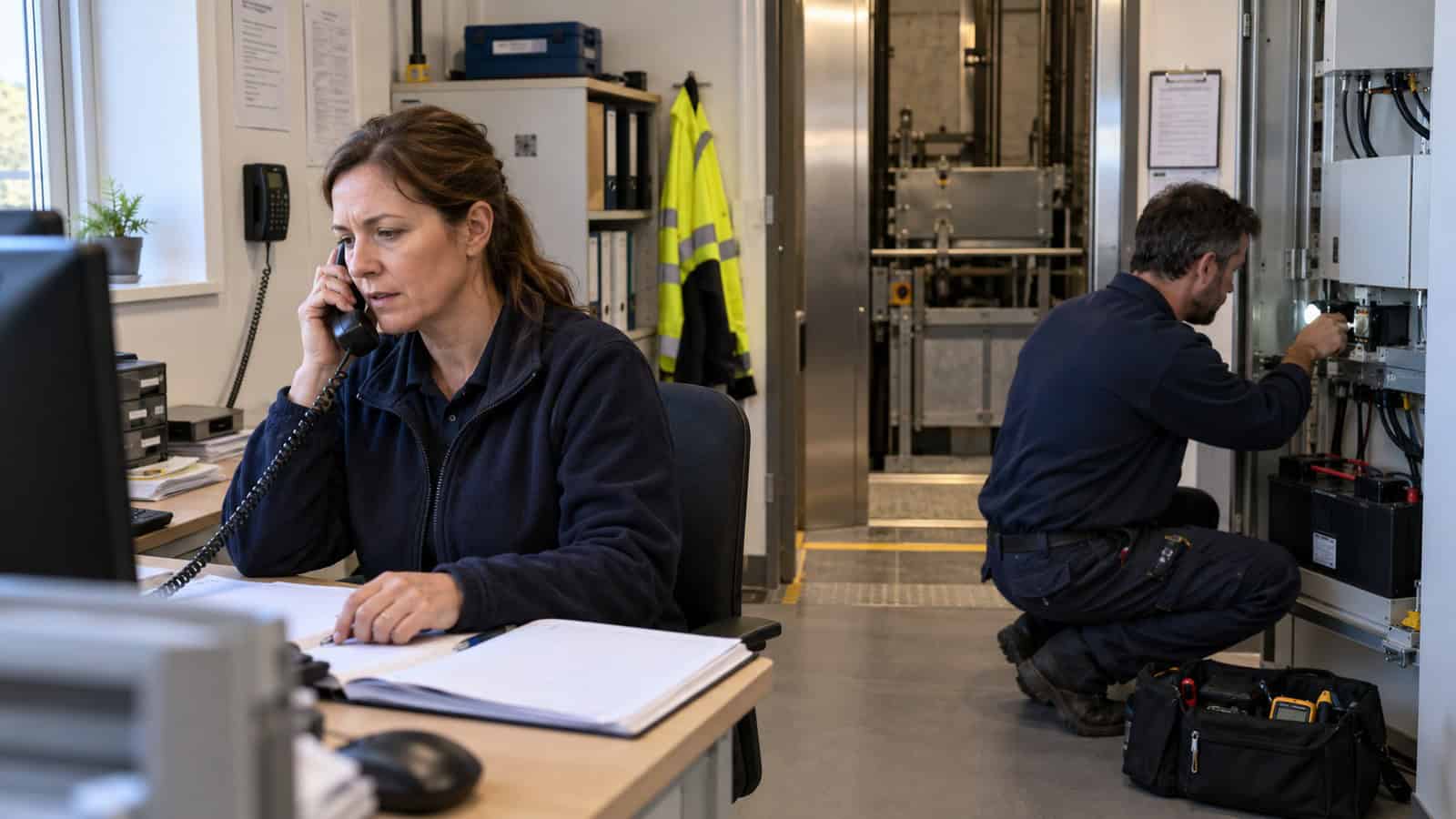 Facilities coordinator receives a fault call while a technician checks backup-powered lift communication equipment.