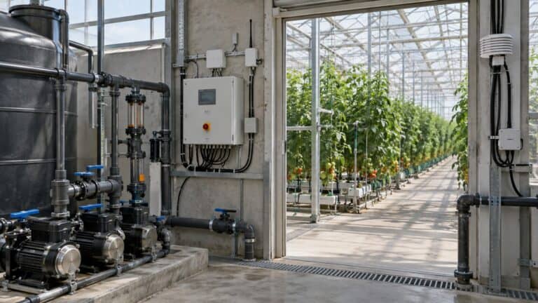 Greenhouse irrigation plant room combines pumps, local controls, environmental sensors and long rows of crops.