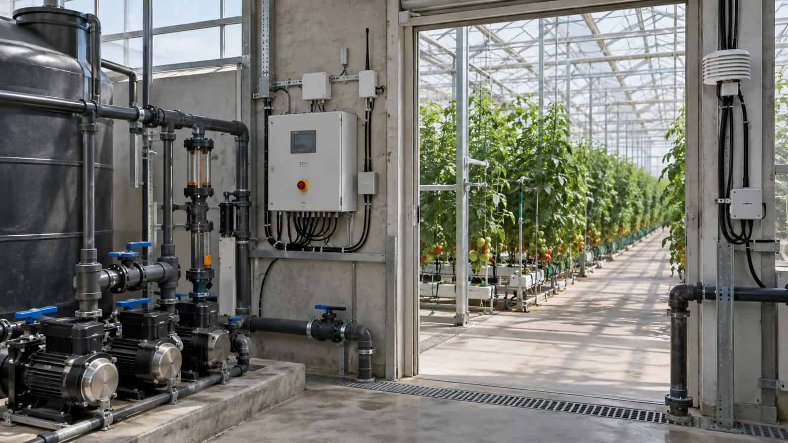 Greenhouse irrigation plant room combines pumps, local controls, environmental sensors and long rows of crops.