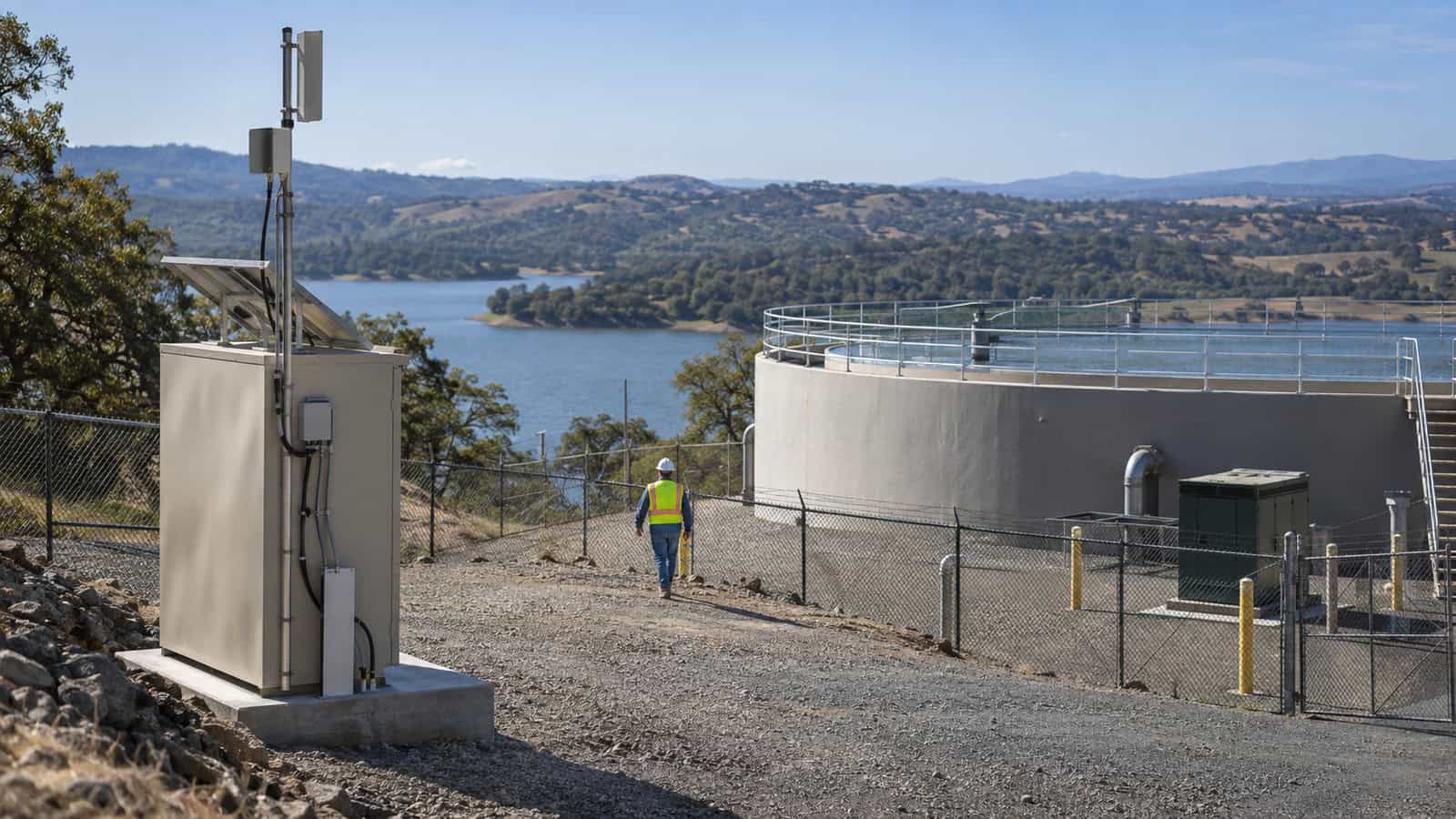 Field technician walks through a remote reservoir compound past telemetry, solar backup and cellular antenna equipment.