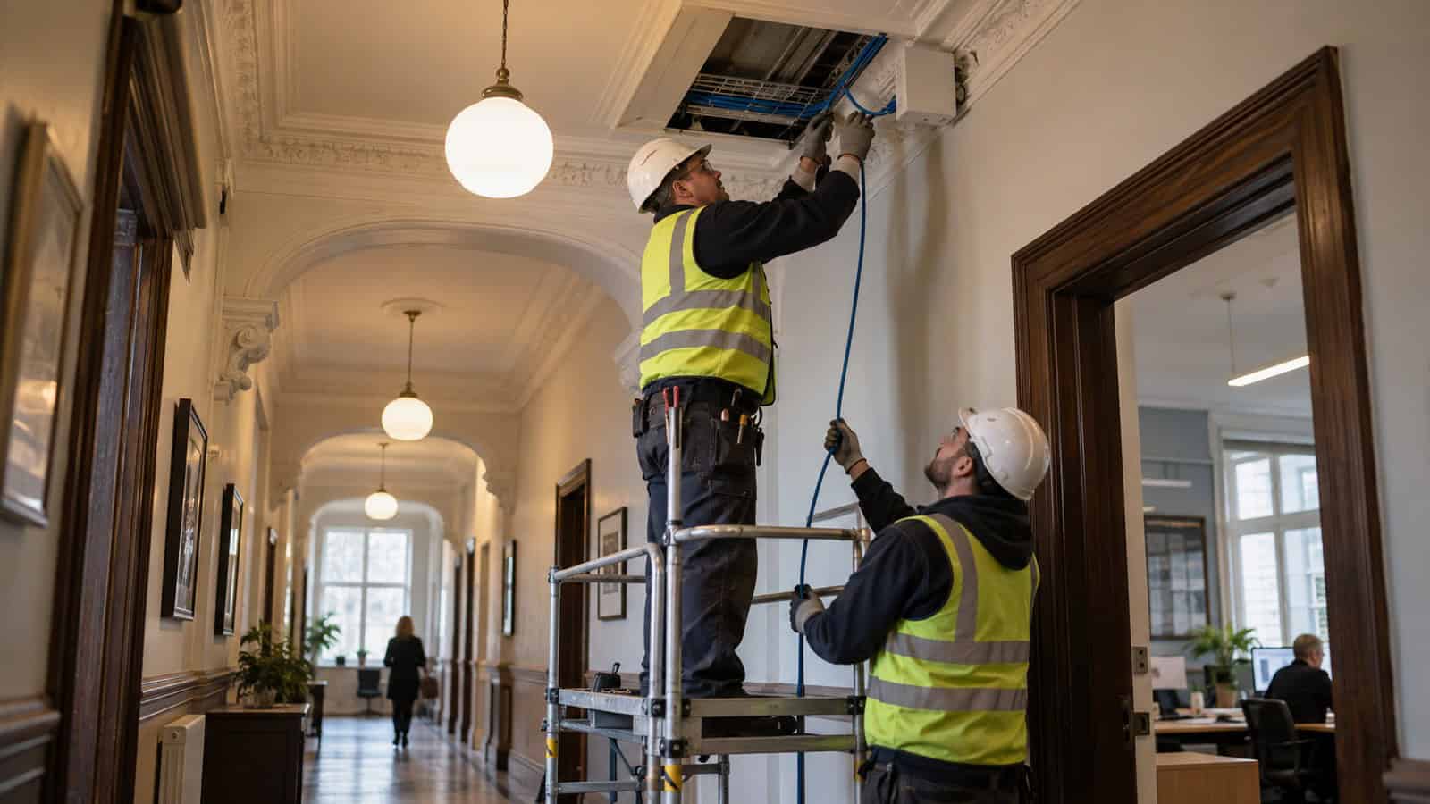 Installers route Ethernet cable through an access opening in the ornate ceiling of an occupied heritage office.