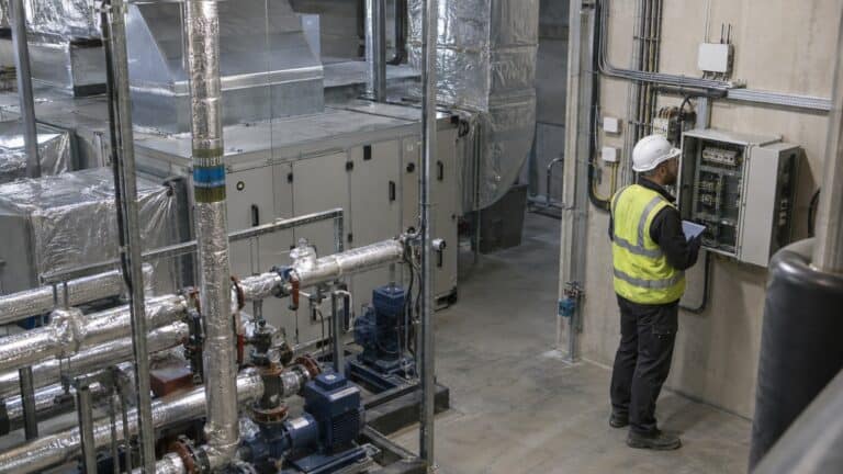 Facilities engineer inspects a building controls cabinet among pumps, insulated pipes and air-handling equipment.