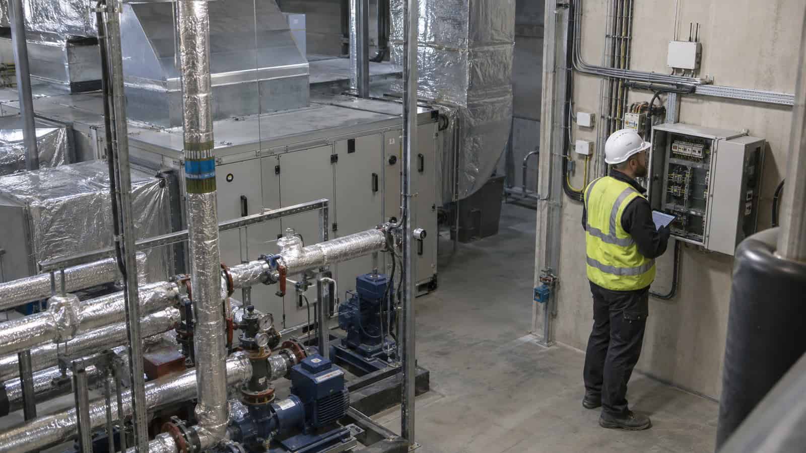 Facilities engineer inspects a building controls cabinet among pumps, insulated pipes and air-handling equipment.