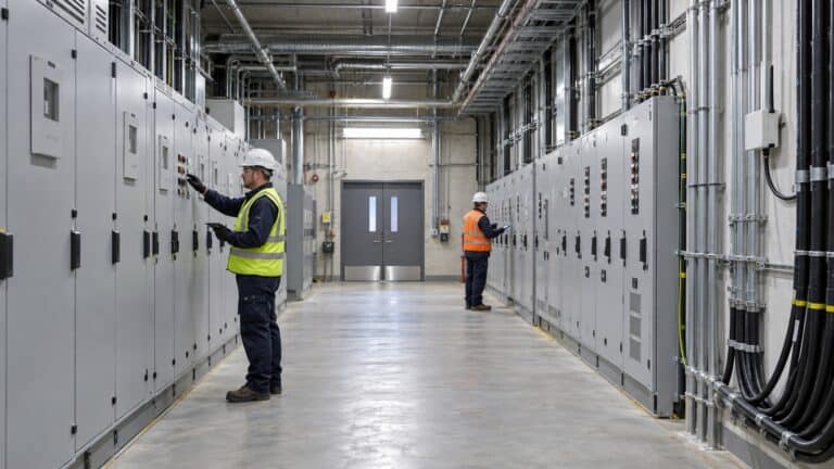 Two electricians inspect separate rows of submeter panels in a large, orderly electrical switch room.
