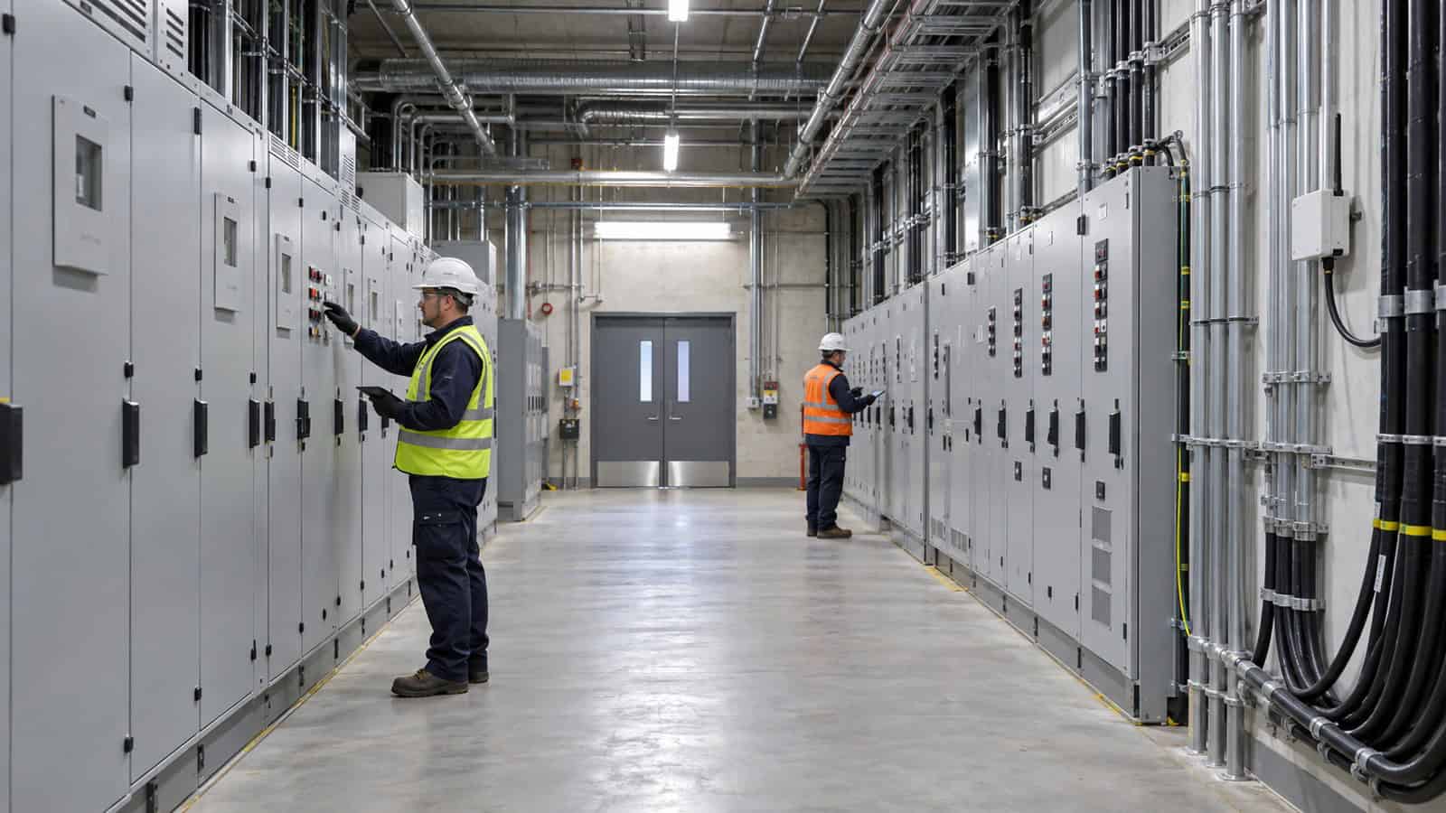 Two electricians inspect separate rows of submeter panels in a large, orderly electrical switch room.