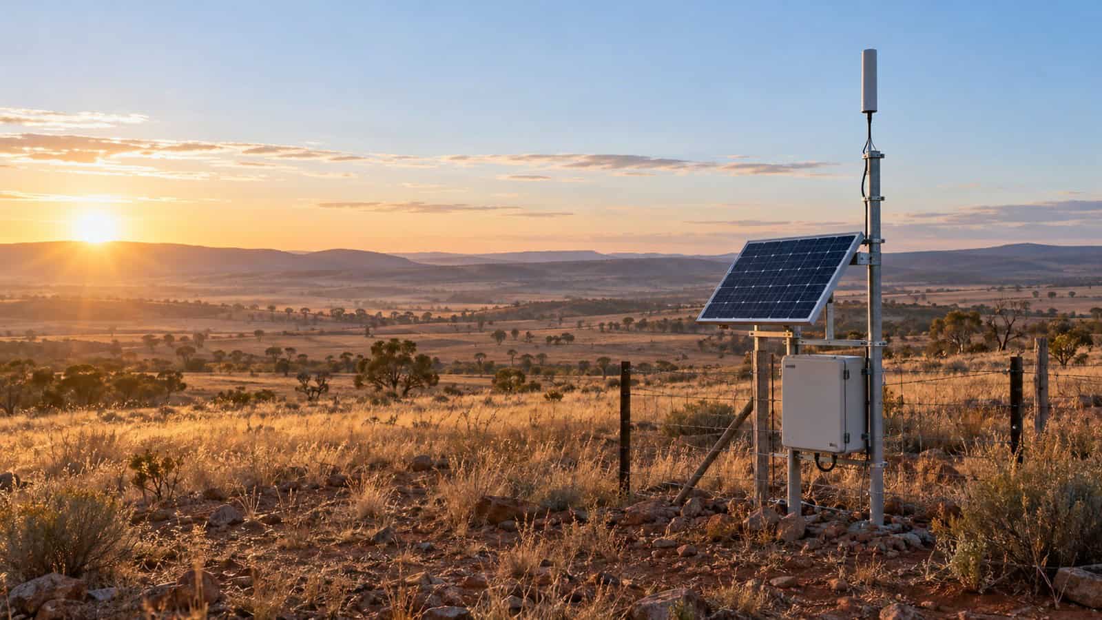 Solar-powered off-grid LoRaWAN installation overlooking remote dry farmland.