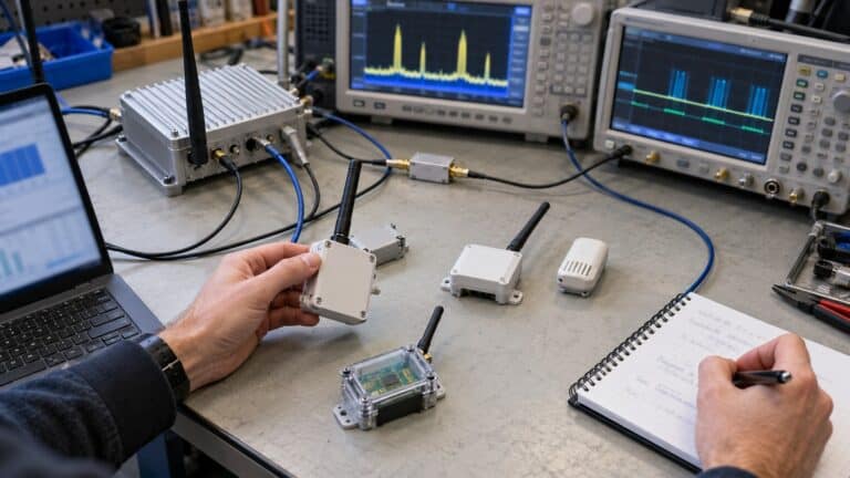 RF engineer tests LoRaWAN sensors and airtime on an industrial lab workbench.