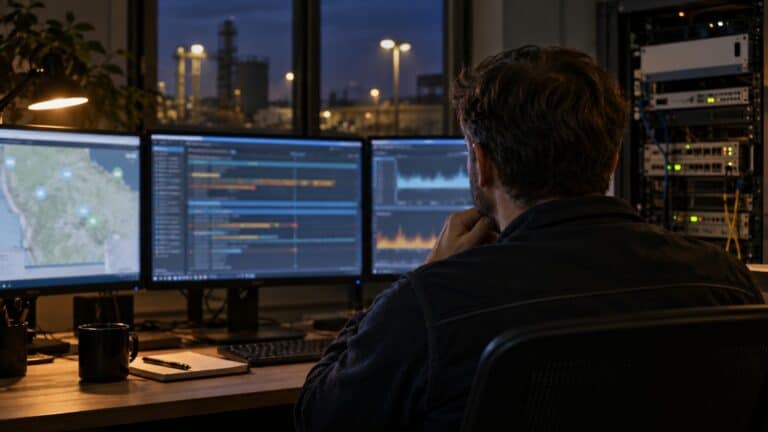 Support engineer reviews LoRaWAN event timelines in an industrial operations centre at night.