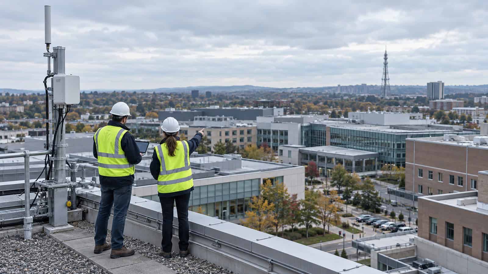RF engineers survey private LoRaWAN coverage across a multi-building campus.