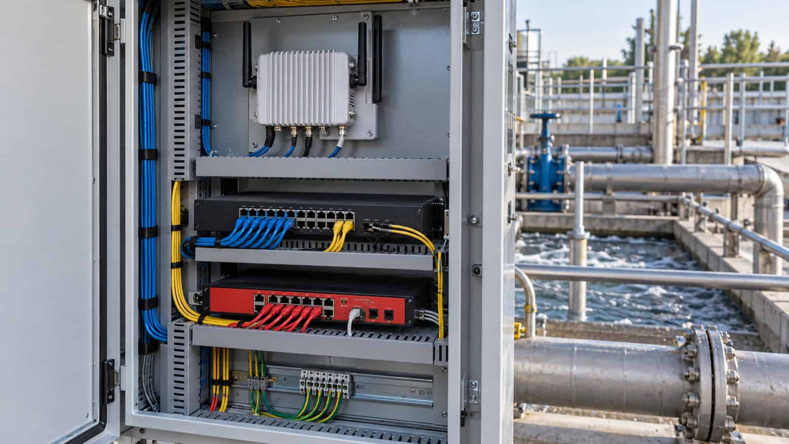 Segmented LoRaWAN gateway, switch and firewall cabinet at a water-treatment plant.